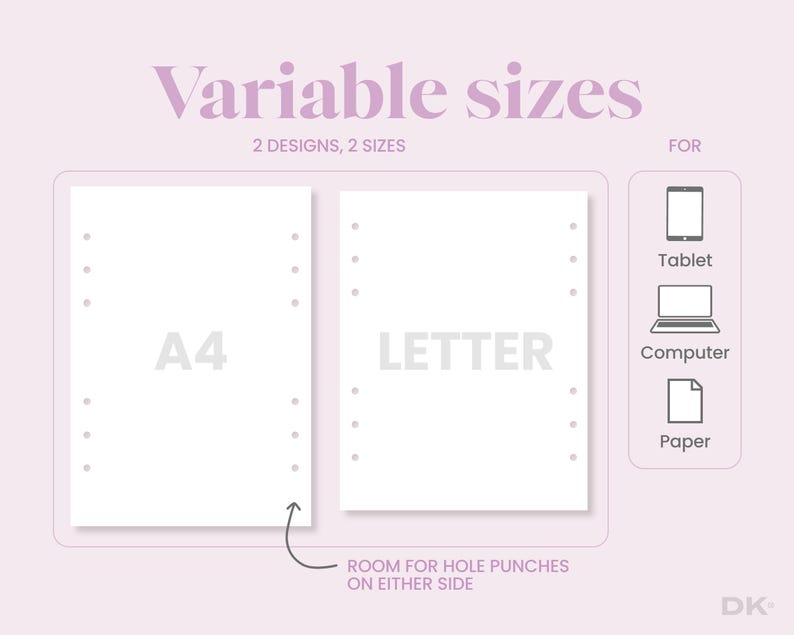 K&ouml;nnte beinhalten: Eine hellrosa Grafik mit zwei wei&szlig;en rechteckigen Papiervorlagen, beschriftet mit A4 und LETTER, mit Lochrand auf beiden Seiten. Der Text lautet Variable sizes, 2 designs, 2 sizes, Room for hole punches on either side, sowie Symbole f&uuml;r Tablet, Computer und Papier.