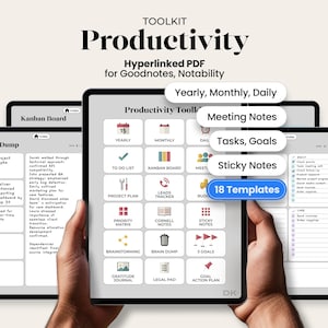 Op de afbeelding: Een digitale productiviteitstoolkit op tablets, met een hyperlinked PDF voor Goodnotes en Notability. De interface bevat een raster van 18 sjablonen zoals Kanban Board, Yearly, Monthly, Daily, Meeting Notes, Tasks, Goals en Sticky Notes.