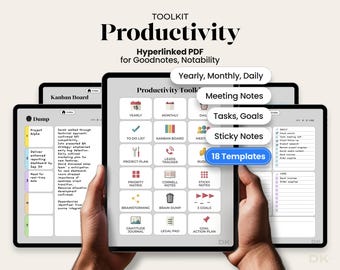 May include: A digital productivity toolkit displayed on tablets, featuring a hyperlinked PDF for Goodnotes and Notability. The interface includes a grid of 18 templates like Kanban Board, Yearly, Monthly, Daily, Meeting Notes, Tasks, Goals, and Sticky Notes.