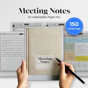 Puede incluir: Una plantilla digital de notas de reunión para reMarkable Paper Pro con una cubierta beige y el texto Meeting Notes, mostrada en una pantalla de tableta con un lápiz óptico negro, junto a varias vistas de interfaz con 150 reuniones.