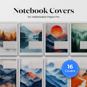 以下が含まれることがあります： reMarkable Paper Pro用のノートカバー。水彩画の風景デザインが特徴です。オレンジ、青、緑の色合いで山脈、森林、夕日を描いています。画像には合計16個のカバーが表示されています。