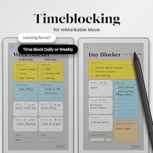 May include: Two digital tablets displaying a time-blocking schedule, with a stylus on the right. The text on the screen includes "Timeblocking" and "Time Block Daily or Weekly." The screens show daily and weekly task lists with color-coded blocks.