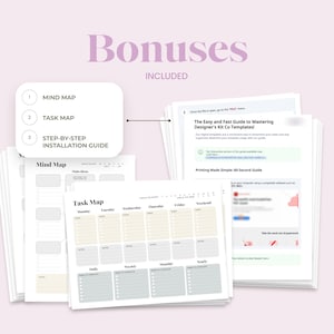 May include: A digital planner set featuring a Mind Map, Task Map, and a step-by-step installation guide. The documents include sections for daily, weekly, monthly, and yearly tasks, with clear headings and organized layouts for productivity management.