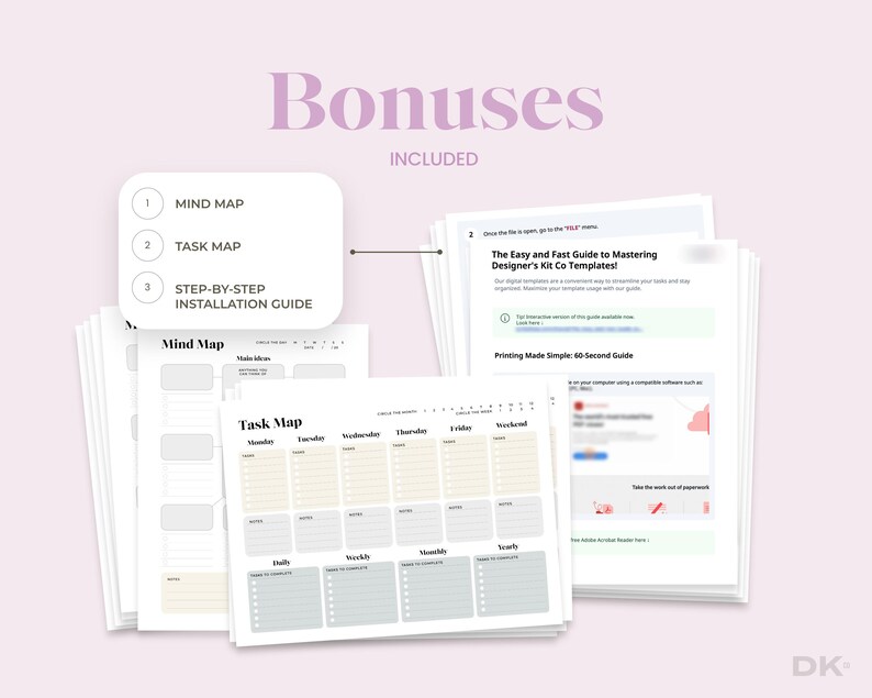 May include: A digital planner set featuring a Mind Map, Task Map, and a step-by-step installation guide. The documents include sections for daily, weekly, monthly, and yearly tasks, with clear headings and organized layouts for productivity management.
