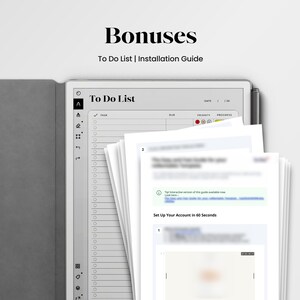 May include: A digital tablet displaying a "To Do List" with a stack of papers and the word "Bonuses" at the top. The text "To Do List | Installation Guide" is also visible. The tablet is in a gray case.