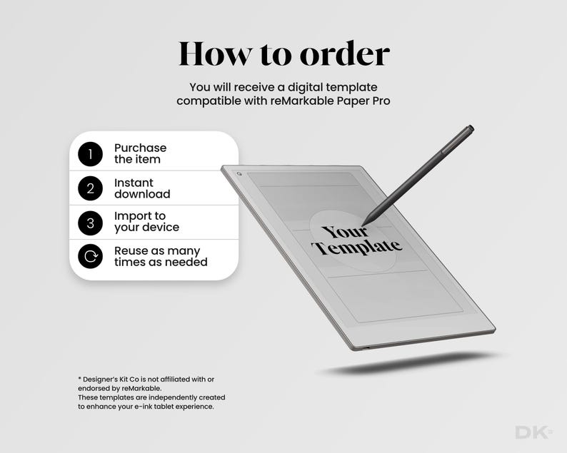 May include: A digital template for the reMarkable Paper Pro tablet, featuring a step-by-step guide titled How to order, a list of instructions, and a graphic of the tablet with a stylus resting on the screen displaying the text Your Template.