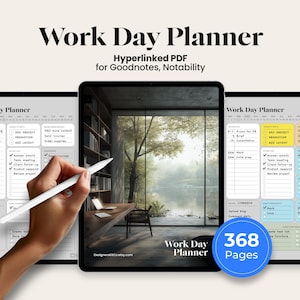 Könnte beinhalten: Ein digitaler Arbeitsplaner, der auf einem Tablet angezeigt wird, mit dem Text "Work Day Planner" oben. Der Planer enthält Abschnitte für Aufgaben, Notizen und einen Kalender. Das Bild zeigt auch einen Stift und den Text "368 Pages".