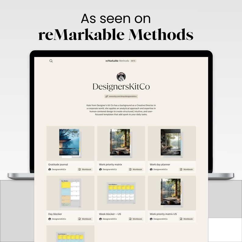 May include: A digital display showing the DesignersKitCo shop page with the text As seen on reMarkable Methods. The screen features a grid of various digital templates including a gratitude journal, work priority matrix, and day planner.