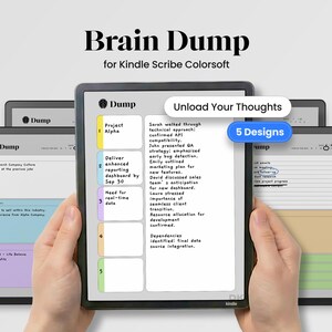 May include: A digital tablet displays a "Brain Dump" template for Kindle Scribe Colorsoft. The screen shows notes, lists, and a "5 Designs" button. The text "Unload Your Thoughts" is also visible. The tablet is held by a person.