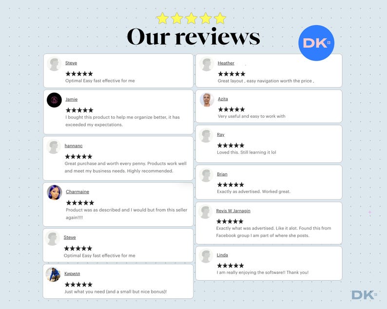 May include: A light blue graphic display titled Our reviews featuring a five-star rating and a list of customer testimonials. The layout includes individual user names, profile icons, five-star ratings, and written feedback, with a blue DK logo.