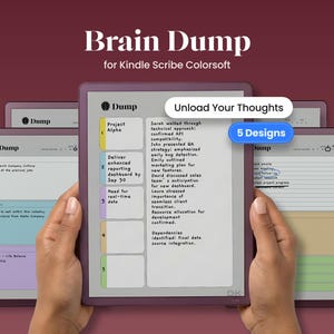 May include: A digital tablet displaying a "Brain Dump" template for Kindle Scribe Colorsoft. The screen shows notes and a "Unload Your Thoughts" button. The image also shows "5 Designs" and the word "Dump".