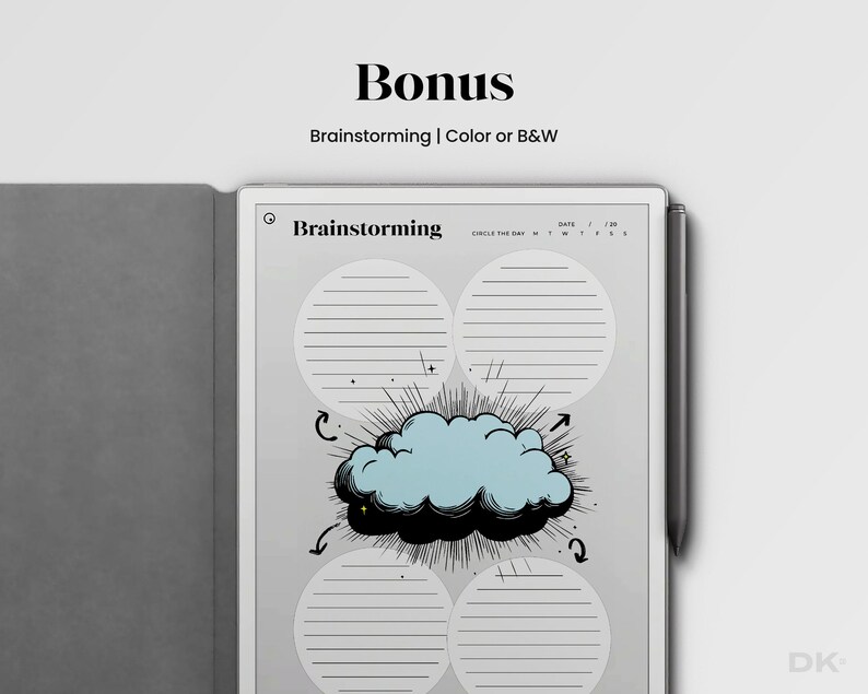 May include: A digital tablet in a gray folio case with a stylus attached to the side. The screen displays a brainstorming template with the text Brainstorming, a date field, four lined circular sections, and a central blue cloud graphic with lines.