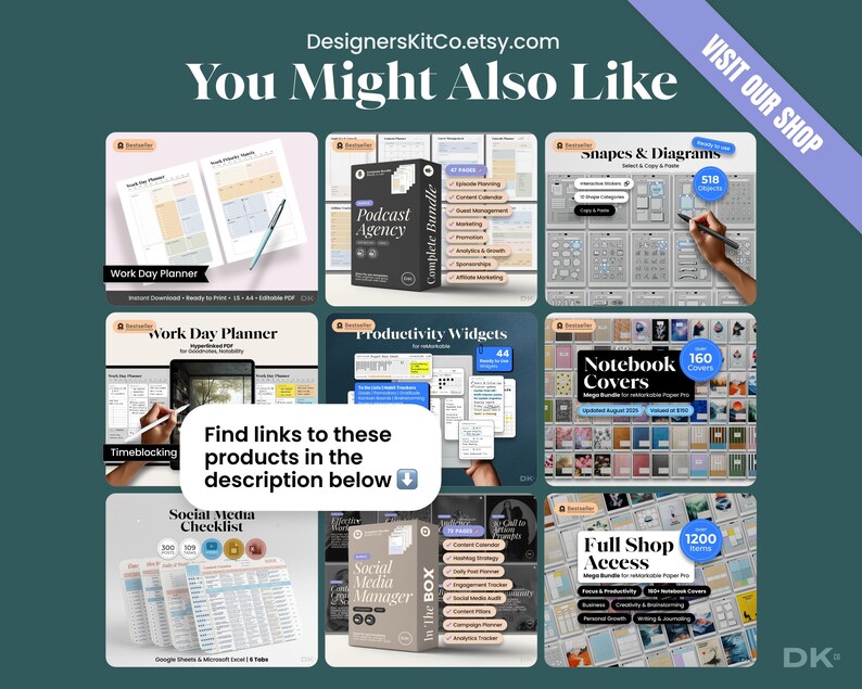 K&ouml;nnte beinhalten: Eine digitale Sammlung von Produktivit&auml;tswerkzeugen, darunter ein Tagesplaner, ein Podcast-Agentur-Paket, Formen und Diagramme, Produktivit&auml;ts-Widgets, Notizbuch-Cover, eine Social-Media-Checkliste und ein Social-Media-Manager.