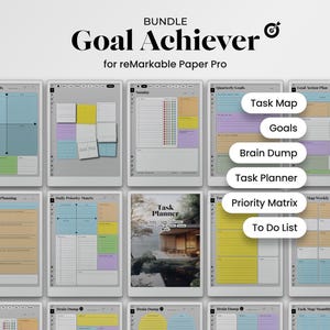 May include: A digital planner bundle for the reMarkable Paper Pro tablet. The bundle includes templates for task mapping, goal setting, brain dumping, task planning, priority matrix, and to-do lists. The templates are designed in a colourful and organised layout.