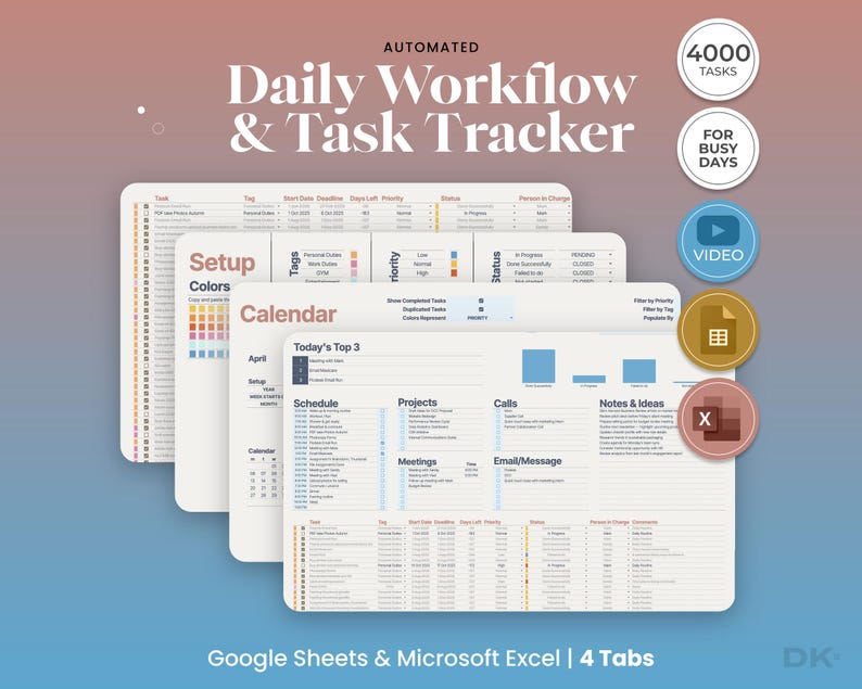 Work Day Planner Tab
Automated work day planner tab with sections for schedule, projects, meetings, calls, emails, and notes — showing how entrepreneurs can manage 4,000+ tasks and their entire daily workflow from a single spreadsheet template.