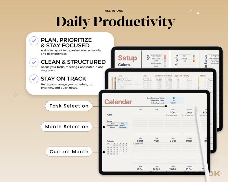 Comprehensive daily workflow planner for business productivity featuring automated progress charts and visual task summaries to help professionals manage their daily schedule and high priority goals.