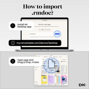 Pode incluir: Um ecr&atilde; de computador port&aacute;til mostra instru&ccedil;&otilde;es sobre como importar ficheiros .rmdoc. As etapas incluem a instala&ccedil;&atilde;o do aplicativo rM Desktop e arrastar e soltar o arquivo. O endere&ccedil;o do site my.remarkable.com/device/desktop tamb&eacute;m &eacute; exibido.