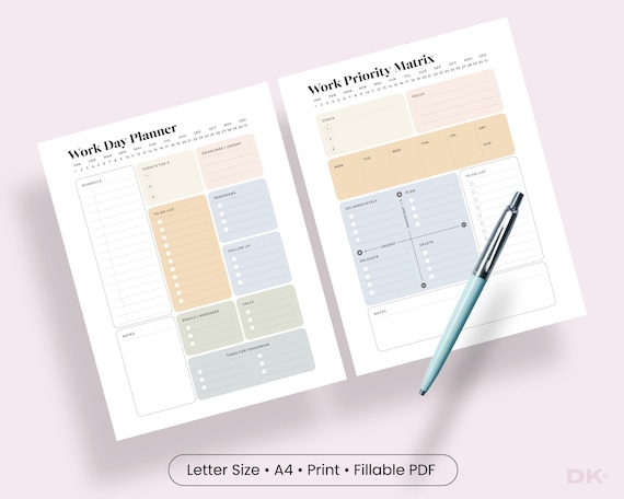 Editable Work Planner Printable Work Day Schedule Template Daily Productivity Planner Work To Do List Priority Matrix Office Fillable PDF