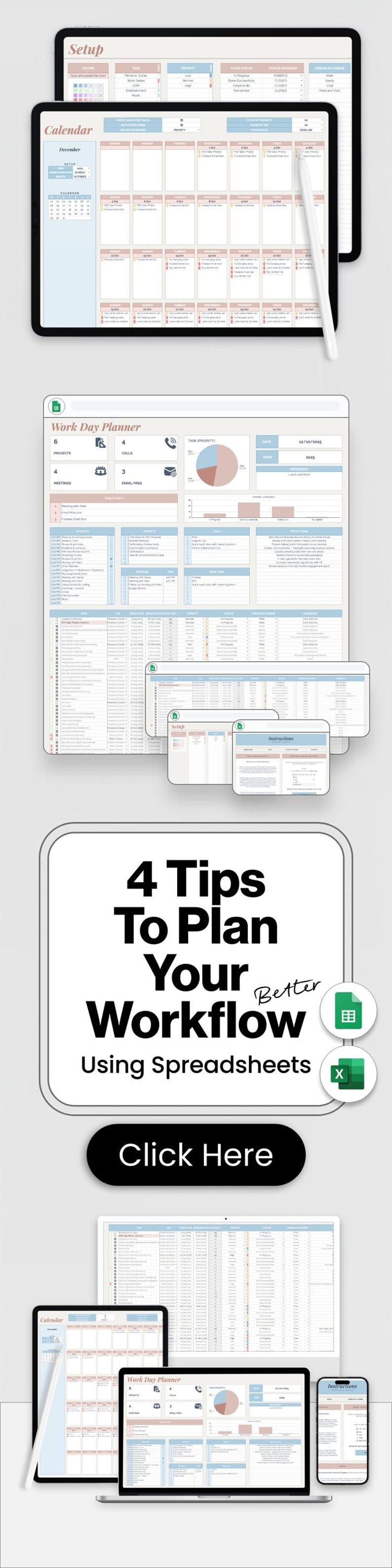 Task Tracker and Daily Workflow Spreadsheet for Google Sheets Project Management Template for Small Business Professional Productivity Tool