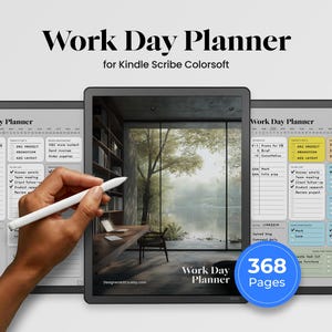 May include: A digital work day planner for Kindle Scribe Colorsoft. The image shows a tablet with a planner layout, a hand holding a stylus, and the text "Work Day Planner" and "368 Pages".