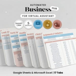 Op de afbeelding: Een digitaal bedrijfsbeheersysteem voor virtuele assistenten met 17 tabbladen voor Google Sheets en Microsoft Excel. De interface toont georganiseerde tabellen voor financiële tracking, leads, facturen en taken met een kleurgecodeerde lay-out.