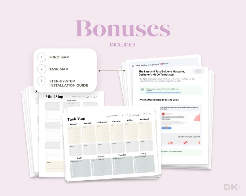 May include: A set of printable planner templates, including a mind map, task map, and a step-by-step installation guide. The guide includes instructions on how to print the templates and use them effectively. The templates are designed to help you organize your thoughts, tasks, and projects.