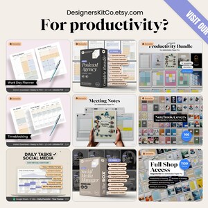May include: A promotional image for DesignersKitCo.etsy.com, featuring various digital planning products. The image includes a "Work Day Planner," "Timeblocking" template, and a "Podcast Agency" bundle. The text "For productivity?" is displayed prominently.
