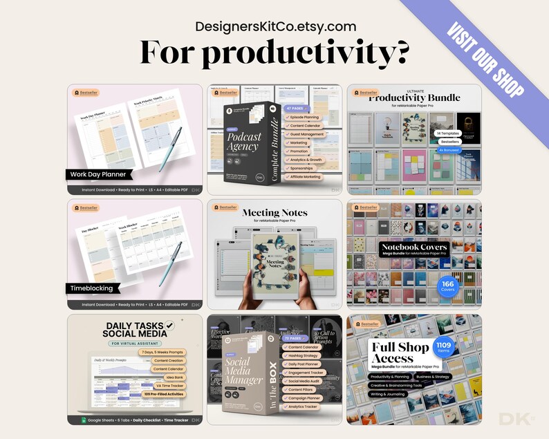 May include: A promotional image for DesignersKitCo.etsy.com, featuring various digital planning products. The image includes a "Work Day Planner," "Timeblocking" template, and a "Podcast Agency" bundle. The text "For productivity?" is displayed prominently.