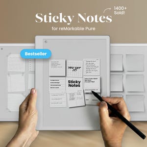 May include: A digital tablet with sticky notes attached, featuring the text "Sticky Notes for reMarkable Pure." The image includes a stylus and the word "Bestseller" on a blue tag. The text "1400+ Sold!" is also visible.