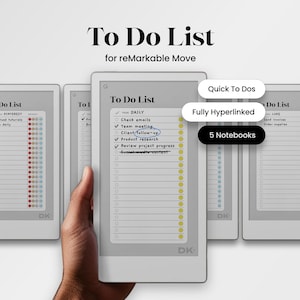 May include: A digital tablet displaying a "To Do List" for reMarkable Move. The screen shows a checklist with tasks like "Check emails" and "Team meeting." The image highlights features like "Quick To Dos" and "Fully Hyperlinked." The text also mentions "5 Notebooks."