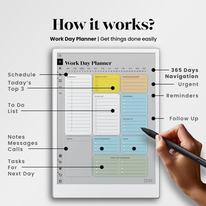 May include: A digital work day planner with the text "How it works?" and "Work Day Planner | Get things done easily." The planner features sections for scheduling, to-do lists, notes, and reminders. A hand holds a stylus, pointing to the planner.