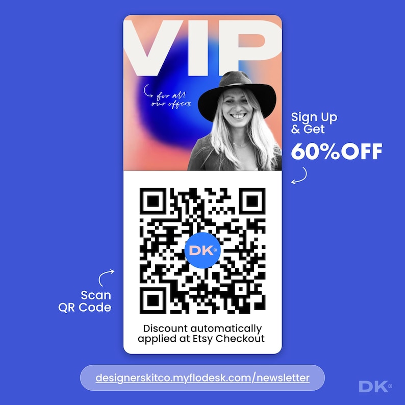 May include: A promotional graphic with a blue background features the word "VIP" in large white letters. A woman in a hat is pictured above a QR code. Text includes "Sign Up & Get 60% OFF" and "Scan QR Code". The website address is also displayed.