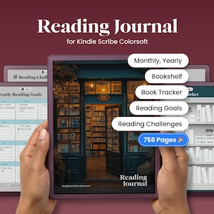 Peut inclure: Un journal de lecture numérique pour Kindle Scribe Colorsoft. Le journal présente un fond bordeaux foncé avec le titre "Reading Journal" en blanc. Il comprend des sections pour les objectifs mensuels et annuels, une bibliothèque, un suivi de livres, des objectifs de lecture et des défis de lecture. Il a 758 pages.