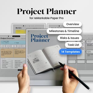 Può includere: Un pianificatore di progetti digitale per reMarkable Paper Pro con diverse schermate di panoramica del progetto, traguardi, cronologia, rischi, problemi ed elenchi di attività. L'interfaccia include 14 modelli con etichette di testo.