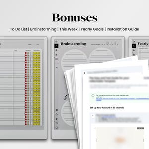 Pu&ograve; includere: Un set di planner digitali con tre modelli distinti etichettati come To Do List, Brainstorming e Yearly Goals. La To Do List include colonne per attivit&agrave;, date di scadenza, priorit&agrave; e progresso. La pagina Brainstorming presenta aree circolari per gli appunti.