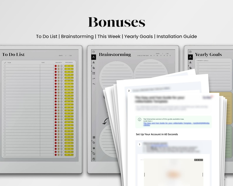 Pu&ograve; includere: Un set di planner digitali con tre modelli distinti etichettati come To Do List, Brainstorming e Yearly Goals. La To Do List include colonne per attivit&agrave;, date di scadenza, priorit&agrave; e progresso. La pagina Brainstorming presenta aree circolari per gli appunti.