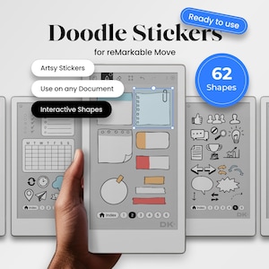 Puede incluir: Un anuncio de "Doodle Stickers" para reMarkable Move. La imagen muestra una mano sosteniendo una tableta con varias pegatinas de garabatos digitales. El texto incluye "Artsy Stickers", "Use on any Document", "Interactive Shapes" y "62 Shapes".