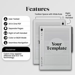 Peut inclure: Un bloc-notes num&eacute;rique blanc avec un espace de barre d'outils &agrave; r&egrave;gle large. Le bloc-notes est dot&eacute; d'un stylet noir et le texte "Your Template" s'affiche &agrave; l'&eacute;cran. Le bloc-notes poss&egrave;de des fonctionnalit&eacute;s telles que test&eacute; par l'utilisateur, tout en un PDF, pages s&eacute;par&eacute;es, droitier ou gaucher, mode couleur ou noir et blanc, et navigation transparente.