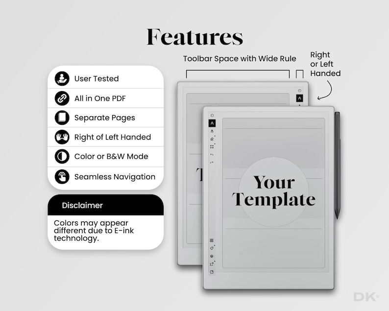 Peut inclure: Un bloc-notes num&eacute;rique blanc avec un espace de barre d'outils &agrave; r&egrave;gle large. Le bloc-notes est dot&eacute; d'un stylet noir et le texte "Your Template" s'affiche &agrave; l'&eacute;cran. Le bloc-notes poss&egrave;de des fonctionnalit&eacute;s telles que test&eacute; par l'utilisateur, tout en un PDF, pages s&eacute;par&eacute;es, droitier ou gaucher, mode couleur ou noir et blanc, et navigation transparente.