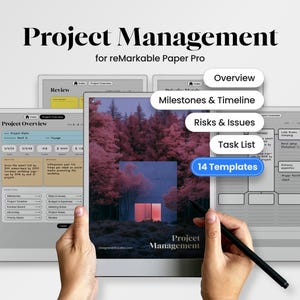Puede incluir: Una plantilla de gestión de proyectos digital para tabletas reMarkable Paper Pro. La pantalla muestra una descripción general del proyecto, hitos, cronograma, riesgos, problemas y listas de tareas. Incluye 14 plantillas con un gráfico de bosque rosa.