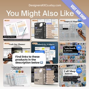 May include: A promotional image displaying digital products such as planners, podcast bundles, and social media checklists. The image uses a grid layout with product previews, text, and the phrase "You Might Also Like." The text "Find links to these products in the description below" is also visible.