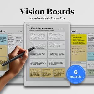 May include: A digital tablet displaying a Life Vision Statement template with text fields for career, finances, love, and health. The screen features a light gray background with pastel-colored boxes and a black stylus resting on the surface.
