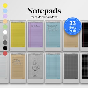 May include: A collection of 33 notepads for reMarkable Move, each with a different colored paper and layout. The notepads are arranged in a grid, with a variety of colors including yellow, purple, blue, and brown. The text "Notepads for reMarkable Move" is displayed.