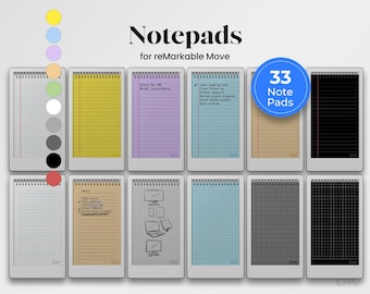 May include: A collection of 33 digital notepads for reMarkable Move, displayed in two rows. The notepads feature various background colors including yellow, purple, blue, tan, gray, and black, with lined, grid, and blank page layouts.