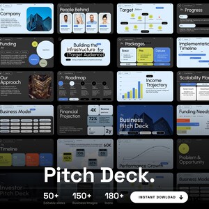 Puede incluir: Una colección de plantillas digitales para pitch deck que incluye más de 50 diapositivas editables, 150 imágenes de negocios y 180 iconos. El diseño muestra varias diapositivas de presentación empresarial, incluyendo perfiles de empresa y gráficos.