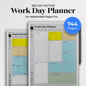 May include: A digital planner for the reMarkable Paper Pro tablet. The planner has 744 pages and includes a daily work schedule, priority matrix, and to-do list. The planner is designed to help users stay organized and productive.