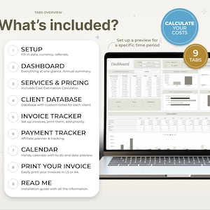 Invoice tracker dashboard showing paid, unpaid and overdue invoices — a small business payment tracker, client payment log and bookkeeping spreadsheet template for freelancers and service businesses.