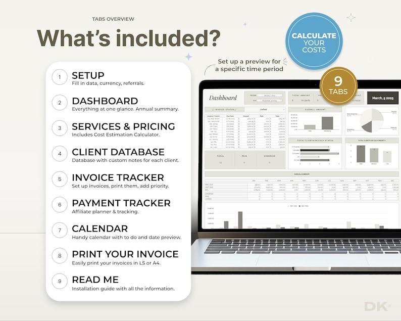 Invoice tracker dashboard showing paid, unpaid and overdue invoices — a small business payment tracker, client payment log and bookkeeping spreadsheet template for freelancers and service businesses.