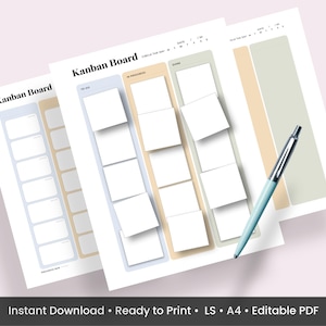 Tablero Kanban, plantilla imprimible de gestión de proyectos, rastreador de tareas, planificador de negocios en formato PDF, descarga digital, organizador de flujo de trabajo en formato carta A4, herramienta para equipos.
