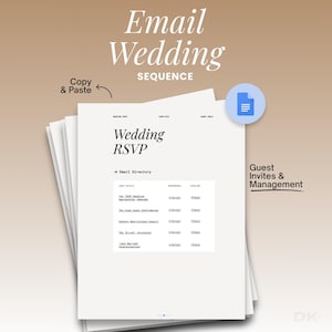 May include: A digital document titled Email Wedding Sequence featuring a Wedding RSVP email directory template. The page includes a table with columns for guest details, responsible party, and deadline, alongside a blue document icon and text.